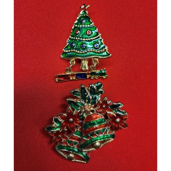 Christmas Pins/ Brooch Set of 2 Christmas Bells & Tree Pins - Picture 3 of 9